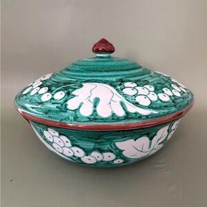Hand-Painted Made in Italy Green and White Ceramic Lidded Bowl